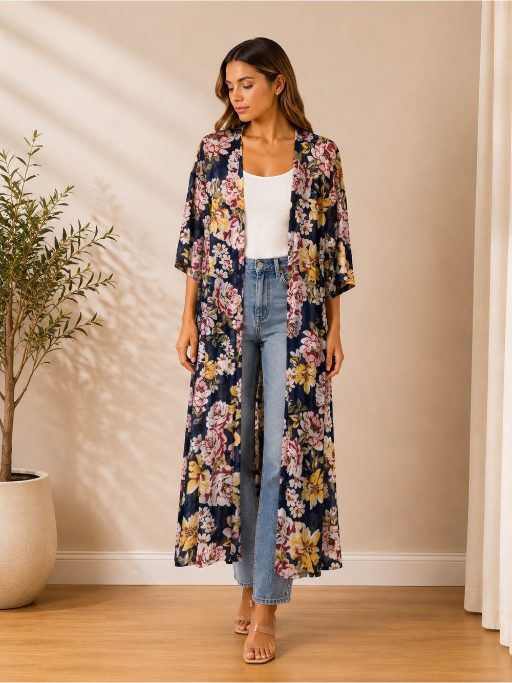 Ultra  Flirt Floral Sheer Long Kimono Duster Cardigan M